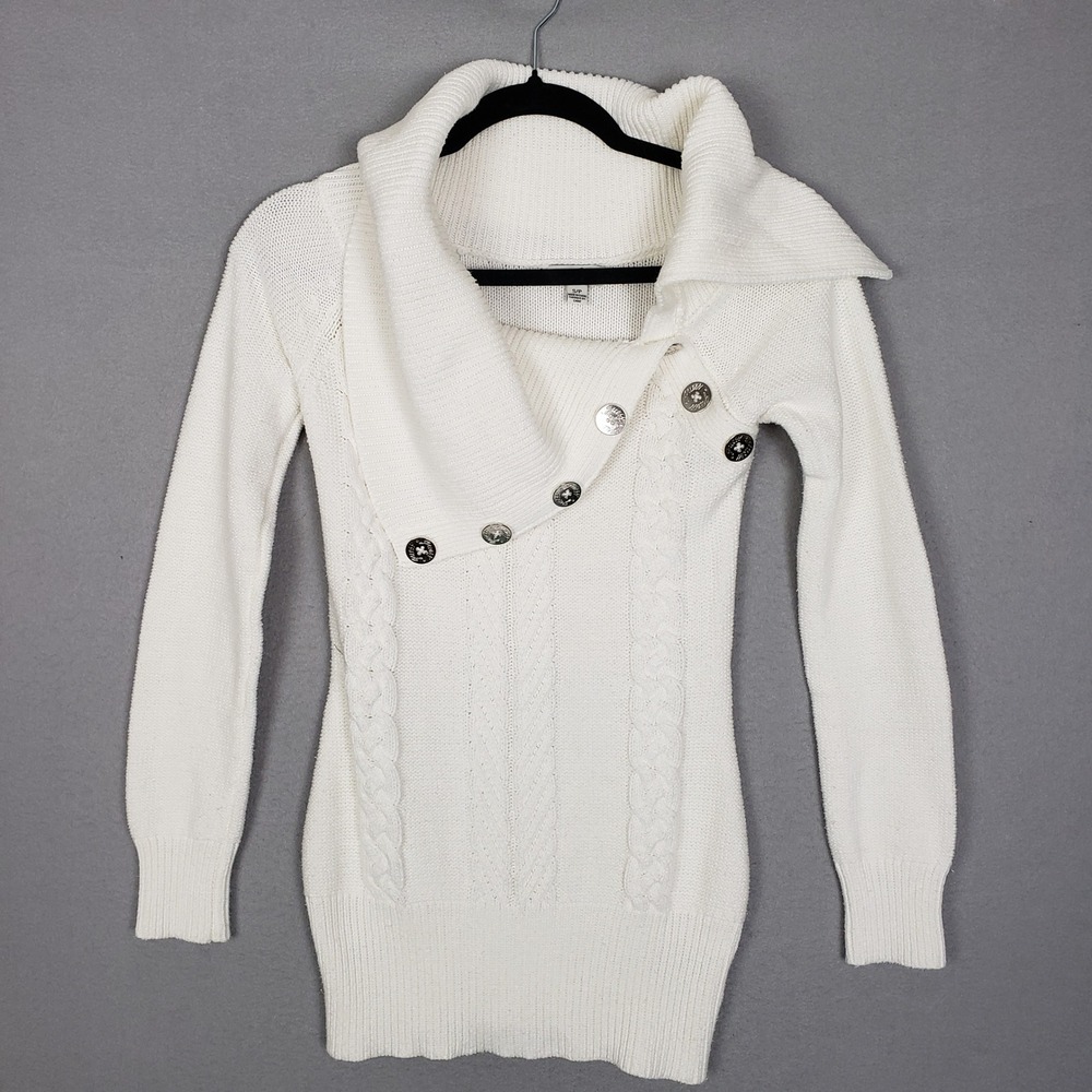 Y2K Guess Cable Knit Longline Sweater Cream Flap Neck Cozy 2000s Longline Size S